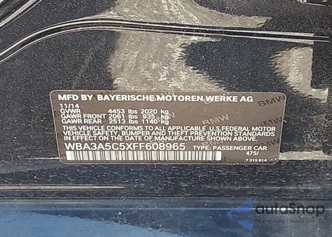 2015 BMW 328I from USA, damaged, VIN WBA3A5C5XFF608965